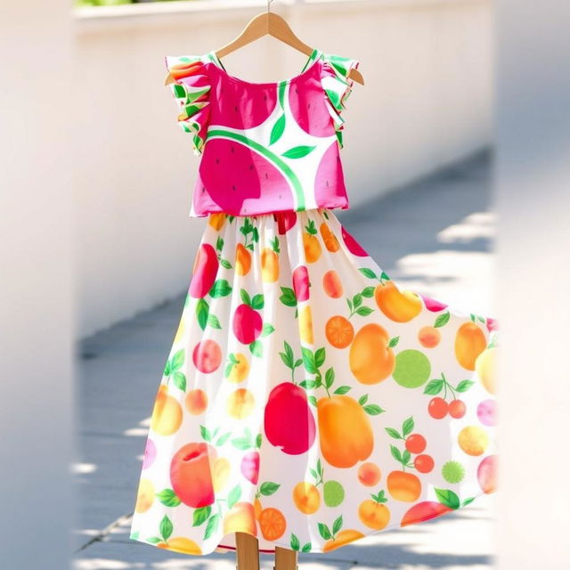 A stylish summer outfit featuring a vibrant top and a flowing skirt inspired by a variety of summer fruits