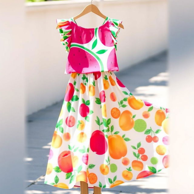 A stylish summer outfit featuring a vibrant top and a flowing skirt inspired by a variety of summer fruits