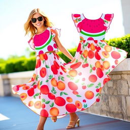 A stylish summer outfit featuring a vibrant top and a flowing skirt inspired by a variety of summer fruits