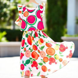 A stylish summer outfit featuring a vibrant top and a flowing skirt inspired by a variety of summer fruits
