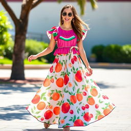 A stylish summer outfit featuring a vibrant top and a flowing skirt inspired by a variety of summer fruits