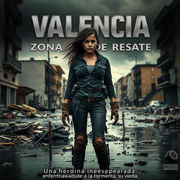 A dramatic action movie poster featuring a young, brave woman standing in a flood-damaged Valencia street