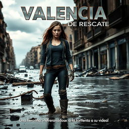 A dramatic action movie poster featuring a young, brave woman standing in a flood-damaged Valencia street