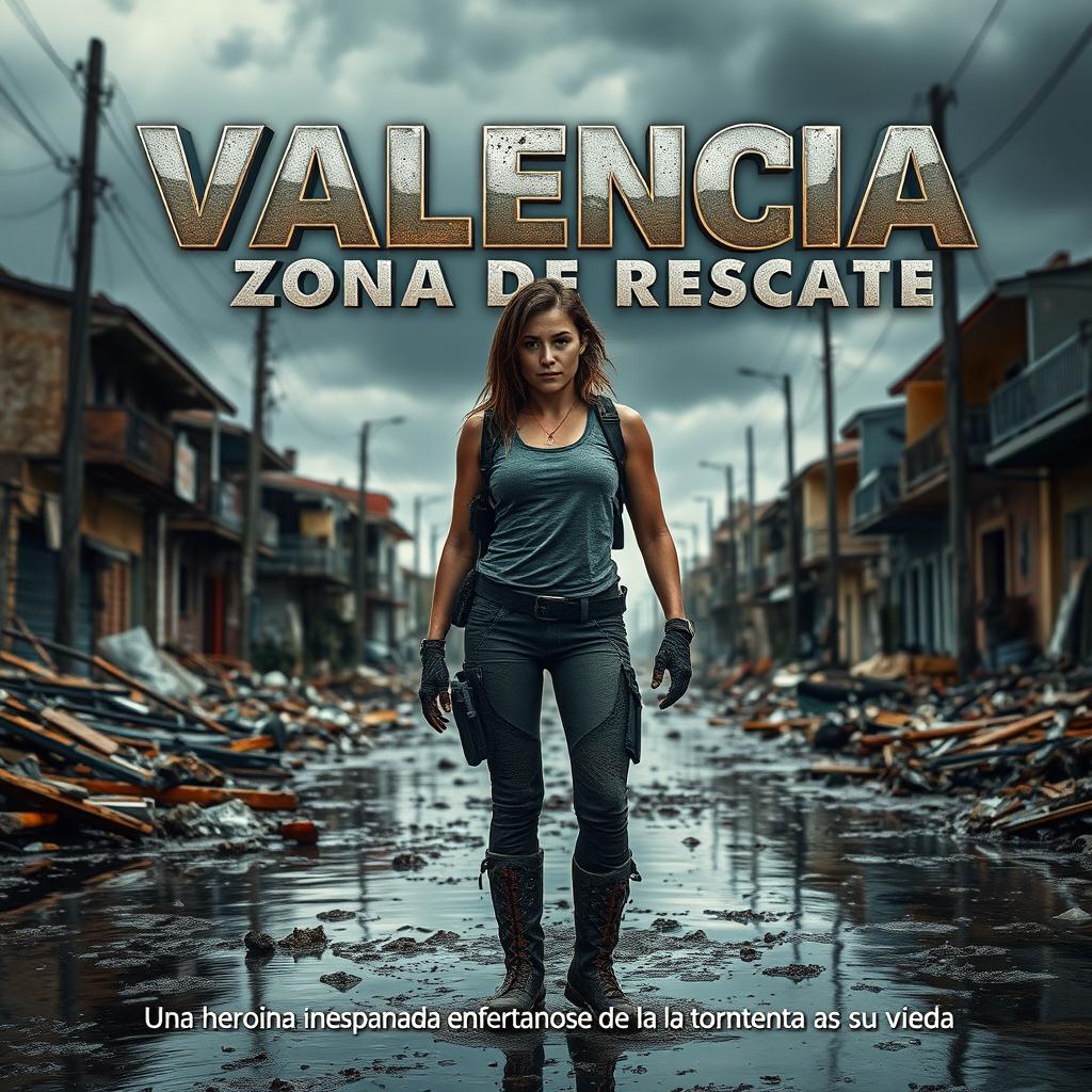 A dramatic action movie poster featuring a young, brave woman standing in a flood-damaged Valencia street