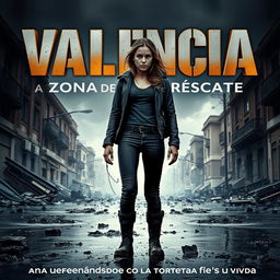 A dramatic action movie poster featuring a young, brave woman standing in a flood-damaged Valencia street