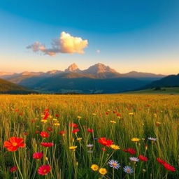 A beautifully expanded photograph of a serene landscape, showcasing a vast meadow filled with vibrant wildflowers in numerous colors including red, yellow, and blue