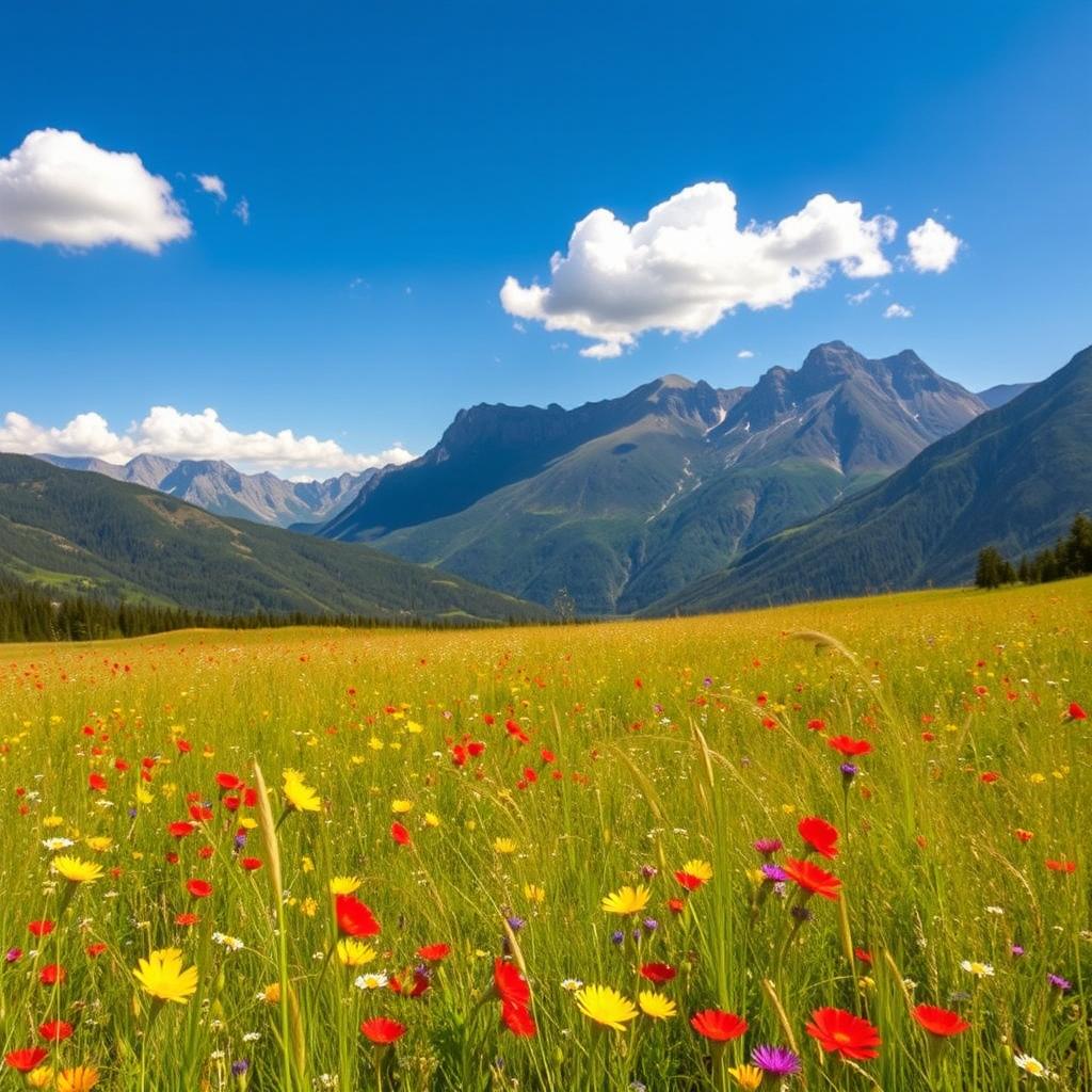 A beautifully expanded photograph of a serene landscape, showcasing a vast meadow filled with vibrant wildflowers in numerous colors including red, yellow, and blue