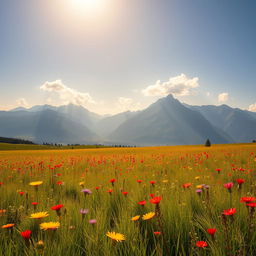 A beautifully expanded photograph of a serene landscape, showcasing a vast meadow filled with vibrant wildflowers in numerous colors including red, yellow, and blue