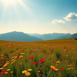 A beautifully expanded photograph of a serene landscape, showcasing a vast meadow filled with vibrant wildflowers in numerous colors including red, yellow, and blue