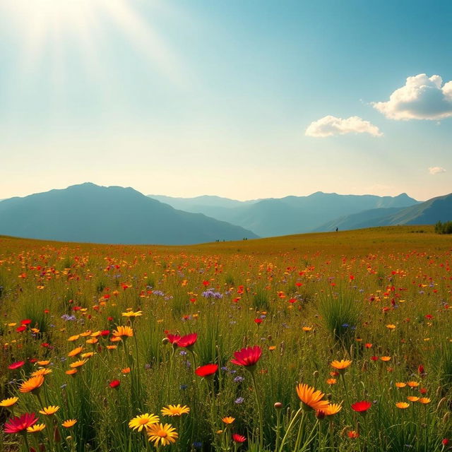 A beautifully expanded photograph of a serene landscape, showcasing a vast meadow filled with vibrant wildflowers in numerous colors including red, yellow, and blue