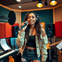 A beautiful light-skinned singer, aged 28, confidently performing in a modern recording studio