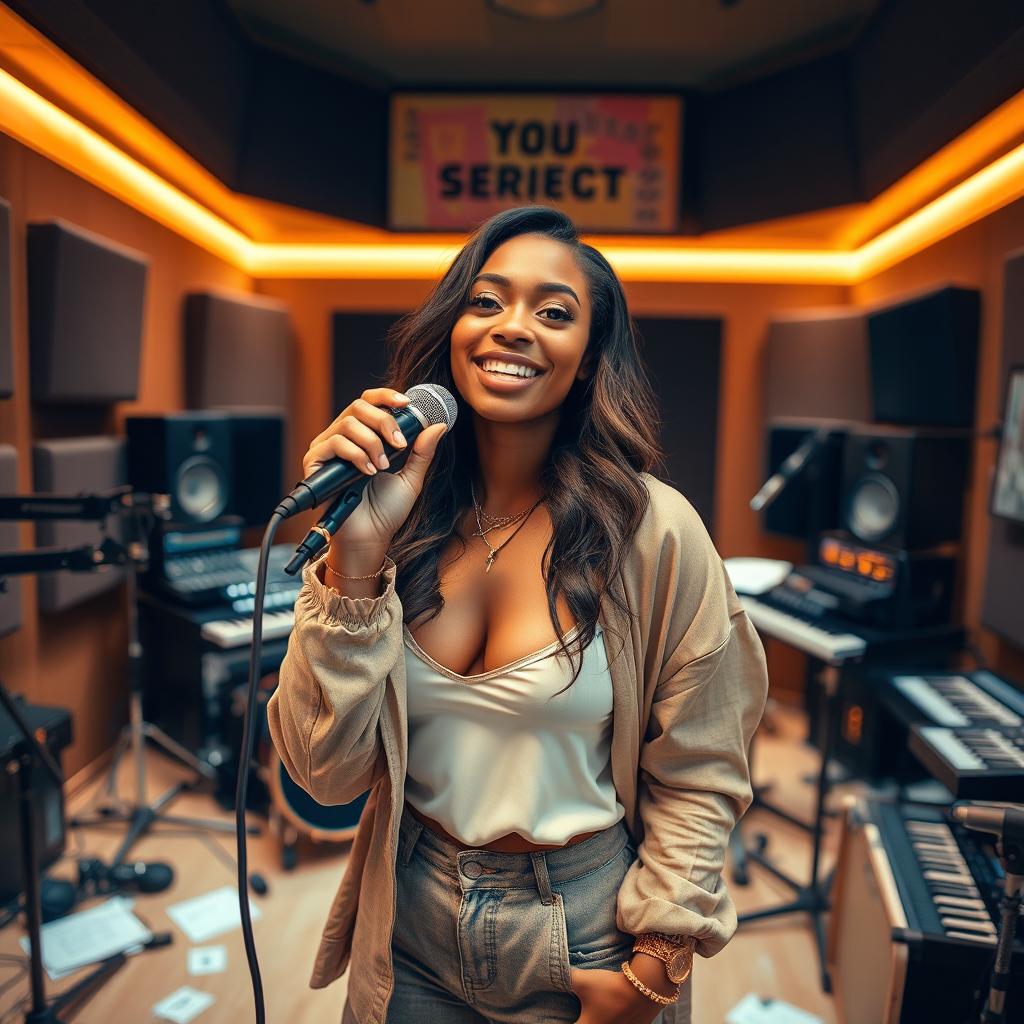 A beautiful light-skinned singer, aged 28, confidently performing in a modern recording studio