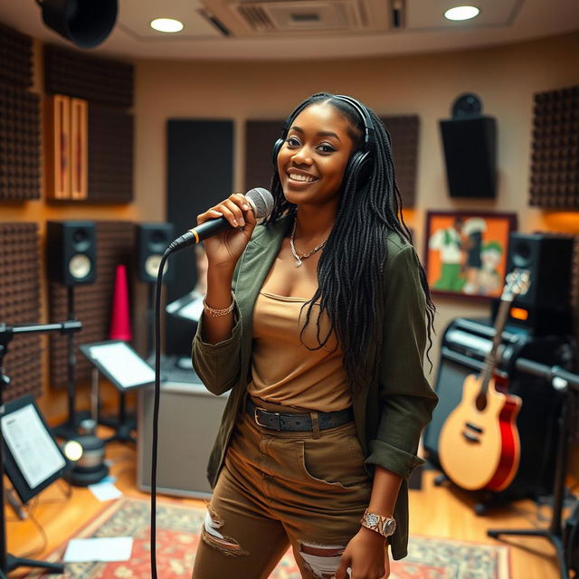 A beautiful light-skinned singer, aged 28, confidently performing in a modern recording studio