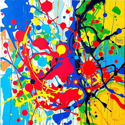 A vibrant abstract painting featuring a blend of vivid colors including blues, reds, yellows, and greens