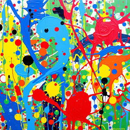 A vibrant abstract painting featuring a blend of vivid colors including blues, reds, yellows, and greens