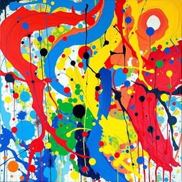 A vibrant abstract painting featuring a blend of vivid colors including blues, reds, yellows, and greens