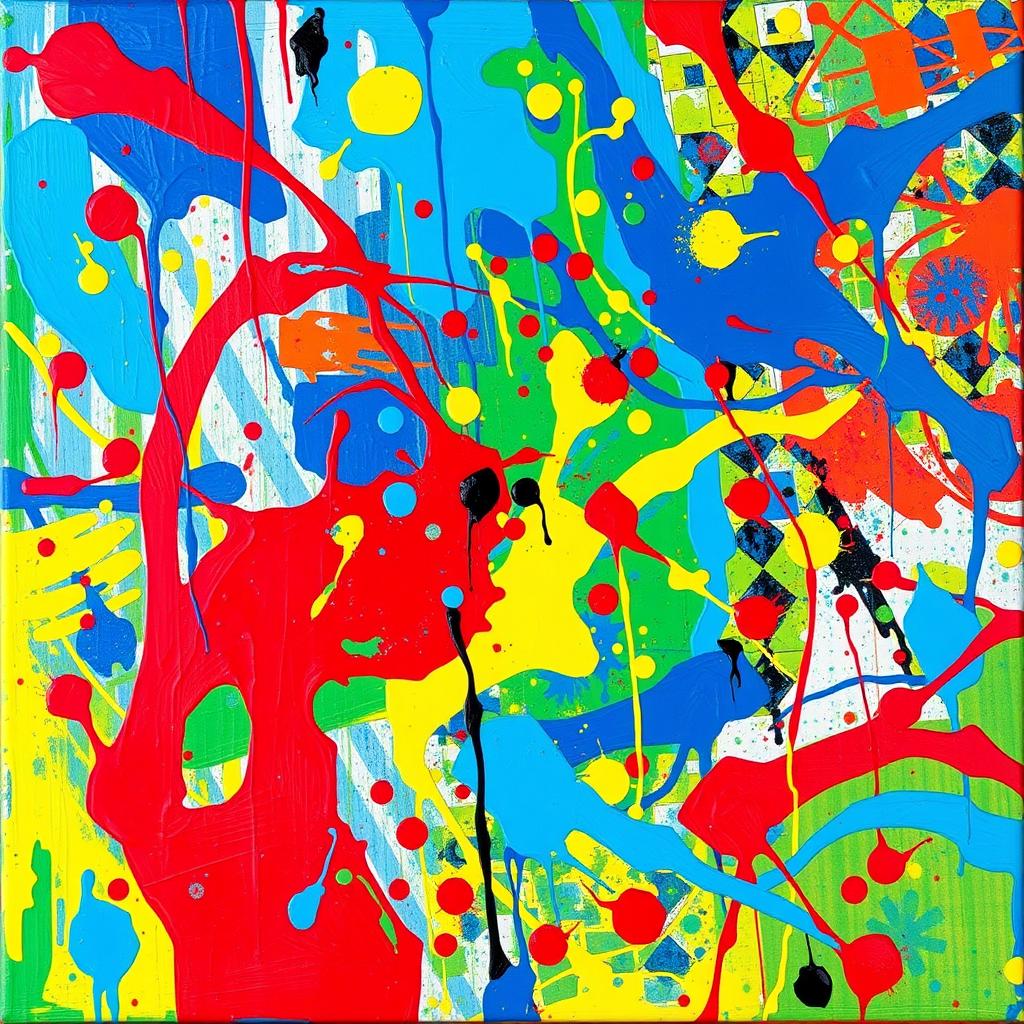 A vibrant abstract painting featuring a blend of vivid colors including blues, reds, yellows, and greens