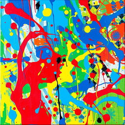 A vibrant abstract painting featuring a blend of vivid colors including blues, reds, yellows, and greens