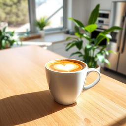 A sleek and modern white ceramic coffee cup filled with steaming cappuccino, placed on a polished wooden table
