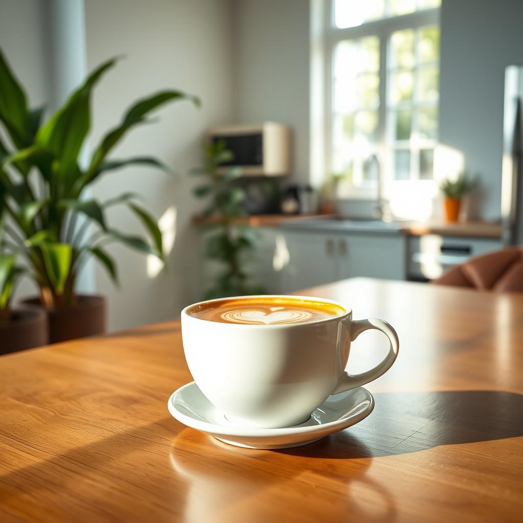 A sleek and modern white ceramic coffee cup filled with steaming cappuccino, placed on a polished wooden table