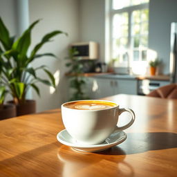 A sleek and modern white ceramic coffee cup filled with steaming cappuccino, placed on a polished wooden table