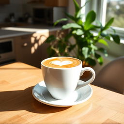 A sleek and modern white ceramic coffee cup filled with steaming cappuccino, placed on a polished wooden table