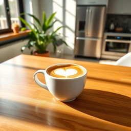A sleek and modern white ceramic coffee cup filled with steaming cappuccino, placed on a polished wooden table