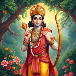 A vibrant and intricate illustration of Rama, the Hindu deity, depicted as a handsome prince in a royal outfit
