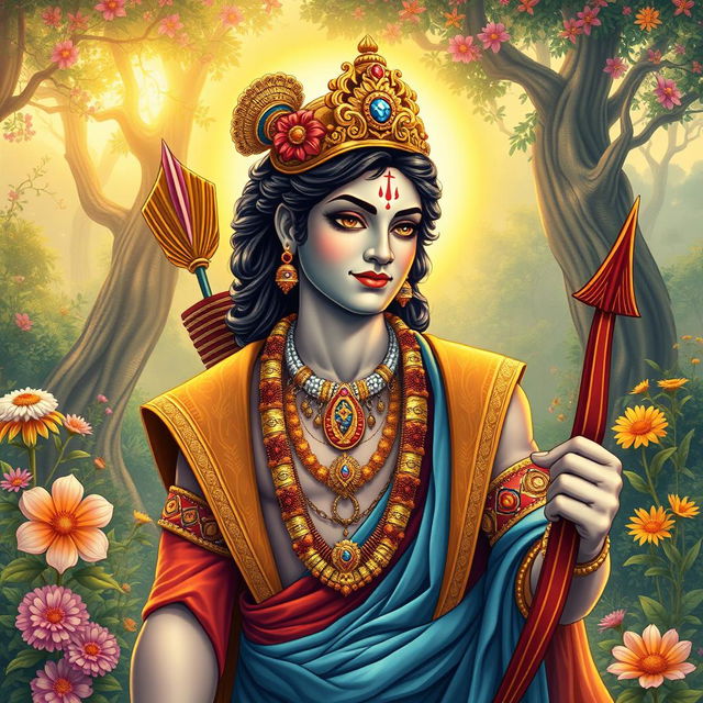 A vibrant and intricate illustration of Rama, the Hindu deity, depicted as a handsome prince in a royal outfit