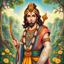A vibrant and intricate illustration of Rama, the Hindu deity, depicted as a handsome prince in a royal outfit