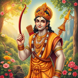 A vibrant and intricate illustration of Rama, the Hindu deity, depicted as a handsome prince in a royal outfit