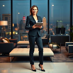 A full-length portrait of Marina Laswick dressed in a tailored three-piece men's business suit, featuring fitted trousers that highlight her figure after gaining 50 pounds, complemented by elegant high heels