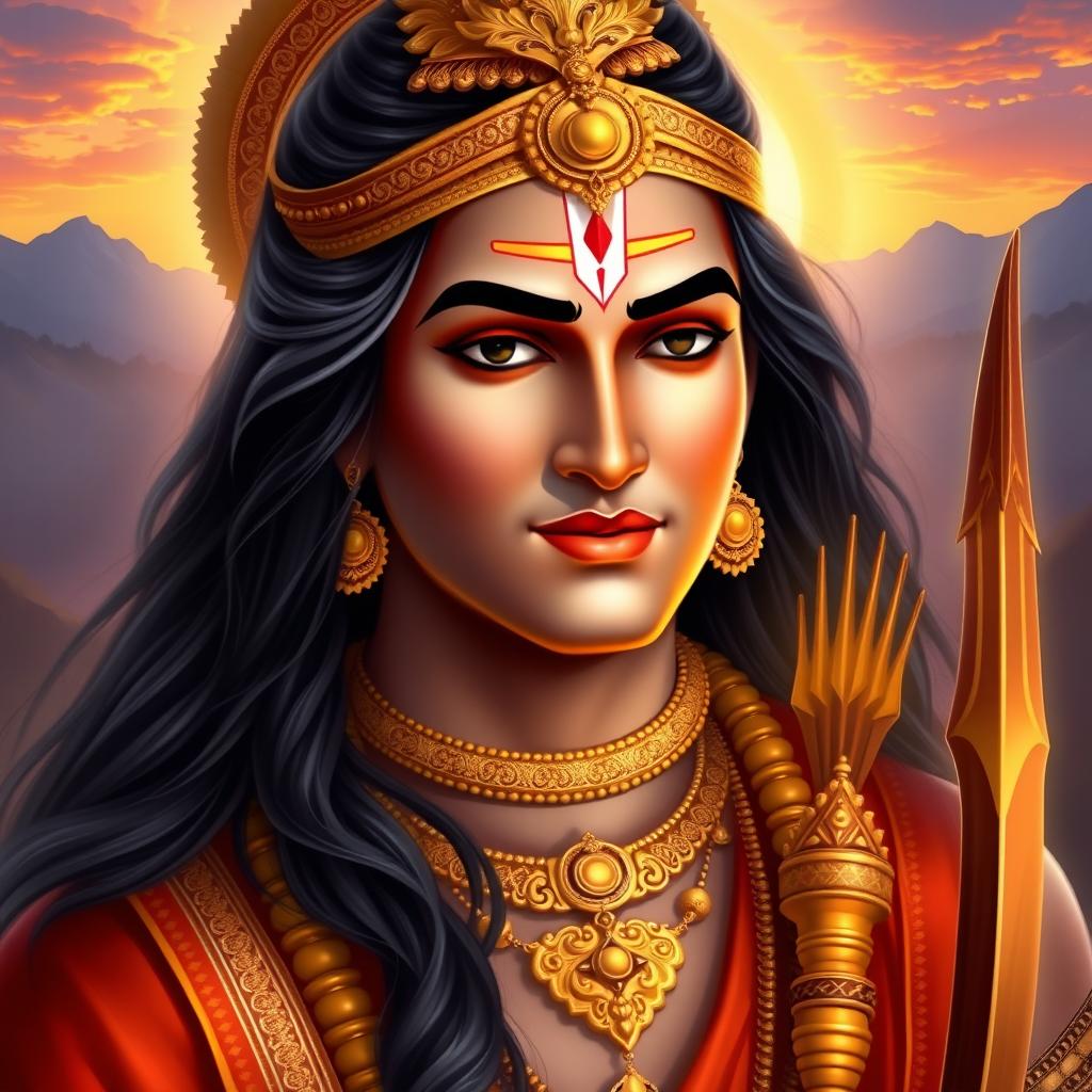 A majestic portrait of Lord Ram, depicted with a serene expression, wearing traditional royal attire