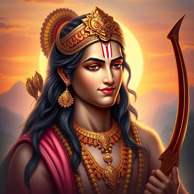 A majestic portrait of Lord Ram, depicted with a serene expression, wearing traditional royal attire