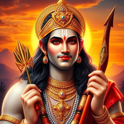 A majestic portrait of Lord Ram, depicted with a serene expression, wearing traditional royal attire