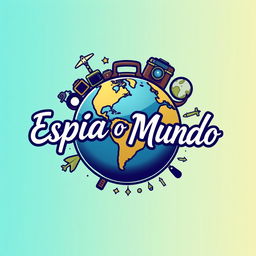 A logo design for a travel channel named 'Espia o Mundo', featuring an artistic representation of the globe placed in the center