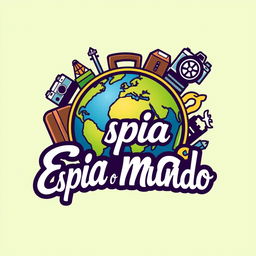 A logo design for a travel channel named 'Espia o Mundo', featuring an artistic representation of the globe placed in the center