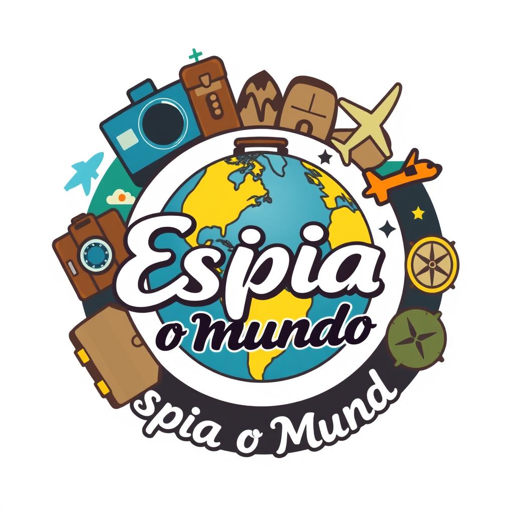 A logo design for a travel channel named 'Espia o Mundo', featuring an artistic representation of the globe placed in the center