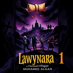A detailed book cover design for "Lawynara 1" by Muhamad Algan, featuring a complex illustration of five determined law students traversing a dark, eerie landscape towards Nanda village
