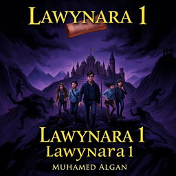 A detailed book cover design for "Lawynara 1" by Muhamad Algan, featuring a complex illustration of five determined law students traversing a dark, eerie landscape towards Nanda village