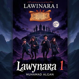 A detailed book cover design for "Lawynara 1" by Muhamad Algan, featuring a complex illustration of five determined law students traversing a dark, eerie landscape towards Nanda village