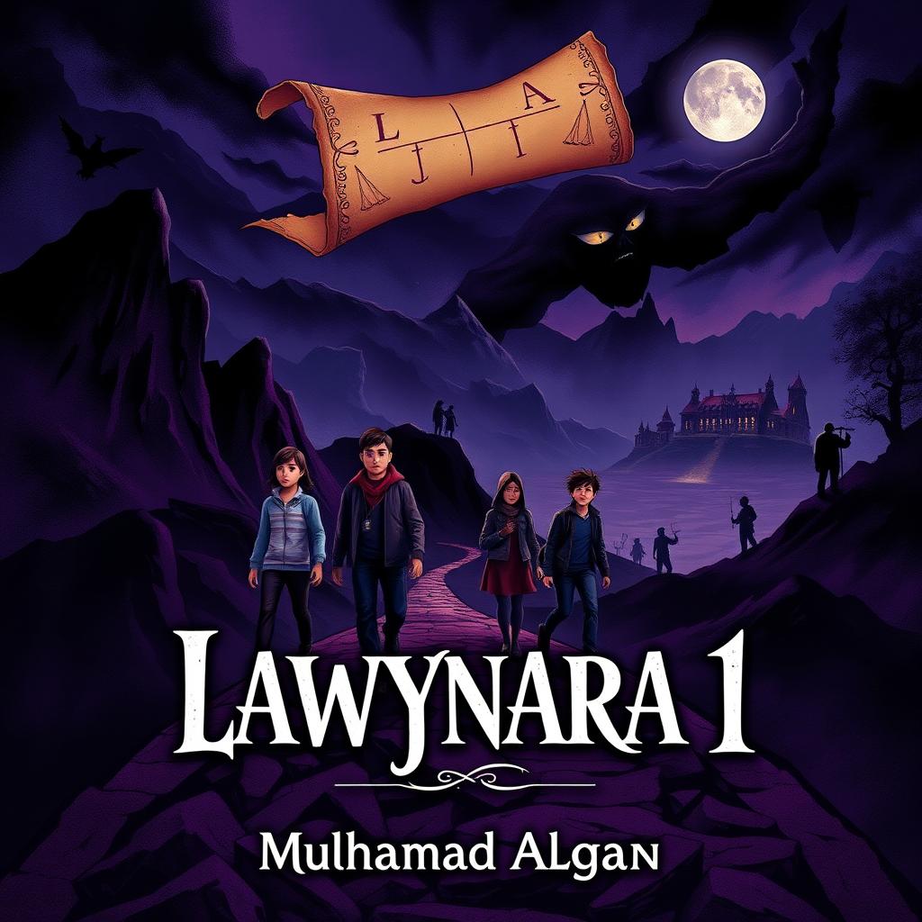 A detailed book cover design for "Lawynara 1" by Muhamad Algan, featuring a complex illustration of five determined law students traversing a dark, eerie landscape towards Nanda village