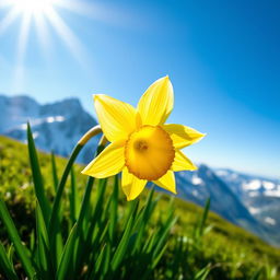 A stunning close-up of a golden daffodil blooming in the sunlight on a mountain peak, surrounded by lush green grass and a clear blue sky