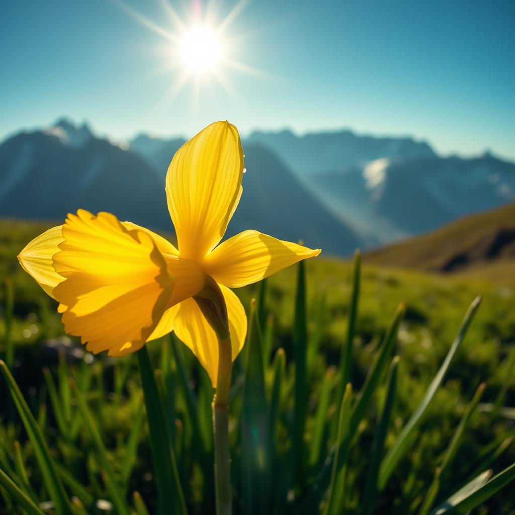 A stunning close-up of a golden daffodil blooming in the sunlight on a mountain peak, surrounded by lush green grass and a clear blue sky