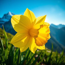 A stunning close-up of a golden daffodil blooming in the sunlight on a mountain peak, surrounded by lush green grass and a clear blue sky