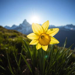 A stunning close-up of a golden daffodil blooming in the sunlight on a mountain peak, surrounded by lush green grass and a clear blue sky
