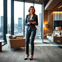 A full-length portrait of Marina Laswick dressed in a snug three-piece men's business suit, featuring slim-fit trousers that highlight her figure after gaining 50 pounds, complemented by elegant high heels