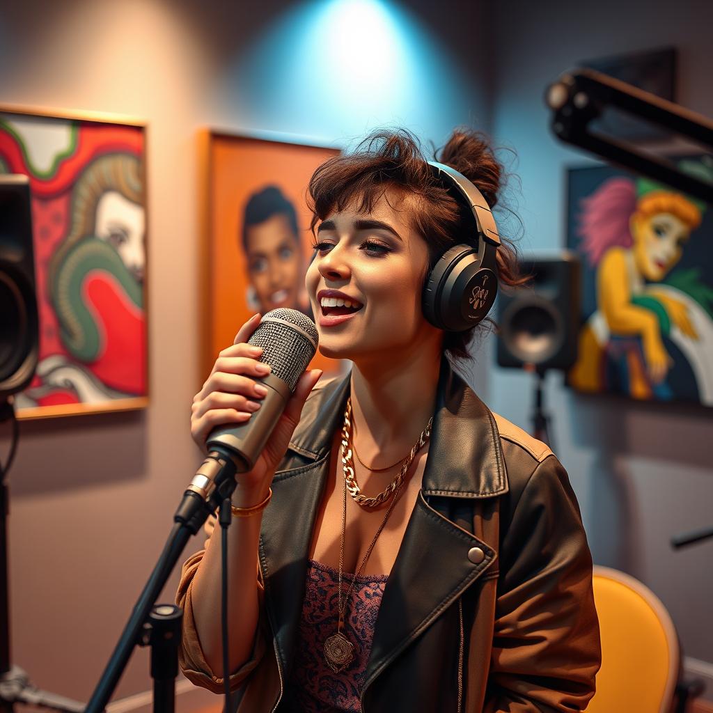 A beautiful light-skinned singer, aged 28, immersed in a creative performance in a stylish recording studio