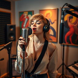 A beautiful light-skinned singer, aged 28, immersed in a creative performance in a stylish recording studio