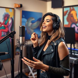 A beautiful light-skinned singer, aged 28, immersed in a creative performance in a stylish recording studio